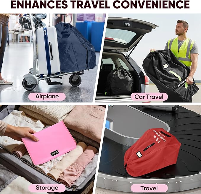 BALEINE Car Seat Travel Bag for Airplane, Water-Resistant Car Seat Bags for Air Travel, Foldable Cover with 3 Handles, Fits Toddler Carseat, Convertible and Booster Seats (Pink)