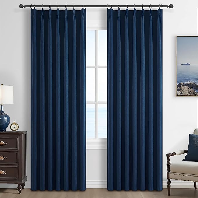 Navy Blue Blackout Curtains 84 Inch Length for Kids/Boys Rooms/Bedroom, Pinch Pleated Drapes with Hooks Viral Linen Thermal Coastal Curtain Dark Blue Window Burg (40" Wx84 Lx 2 Panels)