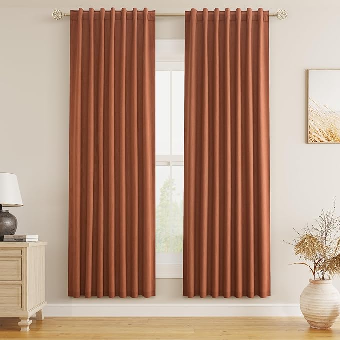 Guken Terracotta 100% Blackout Curtains 72 Inch Length 2 Panels Set Fall Curtains for Living Room Bedroom Back Tab Thermal Insulated Black Out Linen Drapes, 52x72