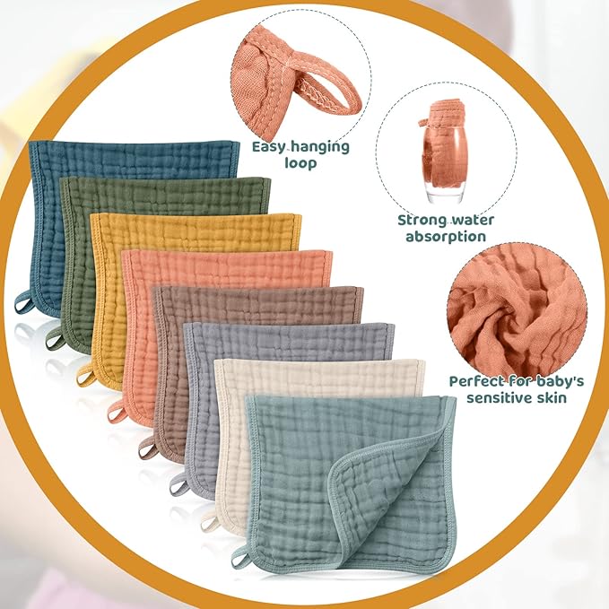 Remagr 8 Packs Muslin Burp Cloths Large 20" x 10", 6 Layers Unisex Baby Absorbent 100% Cotton Burp Rags Colorful Muslin Washcloths for Baby Plain Soft Cotton Cloth for Babies Girls Boys(Rich Colors)