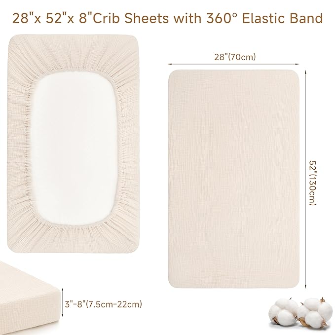 Pro Goleem Muslin Crib Sheets, 100% Cotton Crib Sheets for Boy Girl, 2 Pack Breathable Soft Neutral Baby Bed Sheets Set, Fits Standard Crib Mattress & Toddler Mattress 52"x28", (Brown＆Beige)