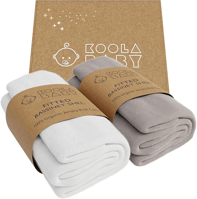 Bassinet Sheet for Bassinet Mattress - 100% Organic Jersey Knit Cotton - Snuggly Soft & Cozy Sheets Fitted for Ronbei, Amke, Baby Delight & Fodoss Bedside Sleeper - White & Grey - 2 Pack