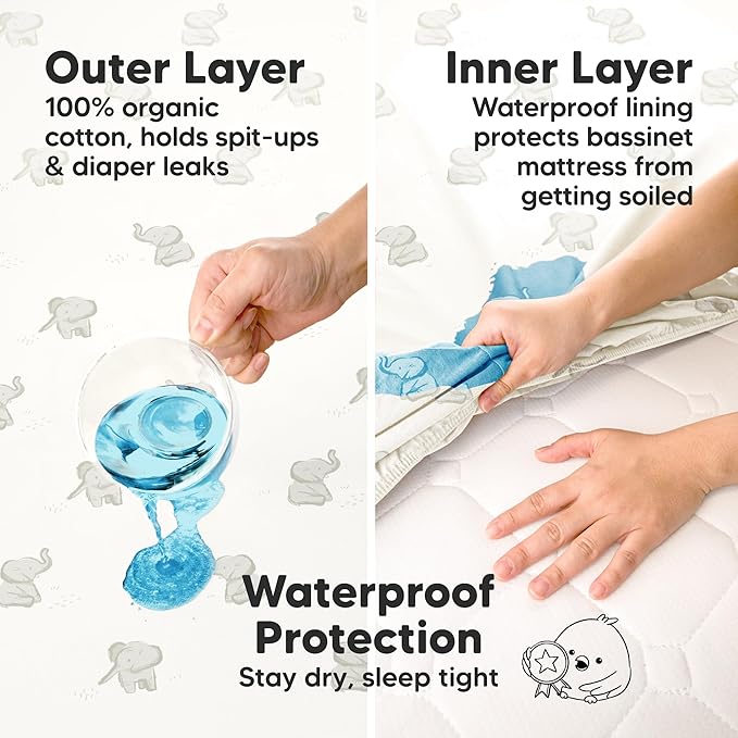 2-pk Waterproof Bassinet Sheets Girls, Boys, Cotton - 33x17 Universal Bassinet Mattress Pad Protector Cover, Compatible with Graco, Baby Delight, Chicco, Halo Bassinest Swivel Sleeper Fitted (Elly)