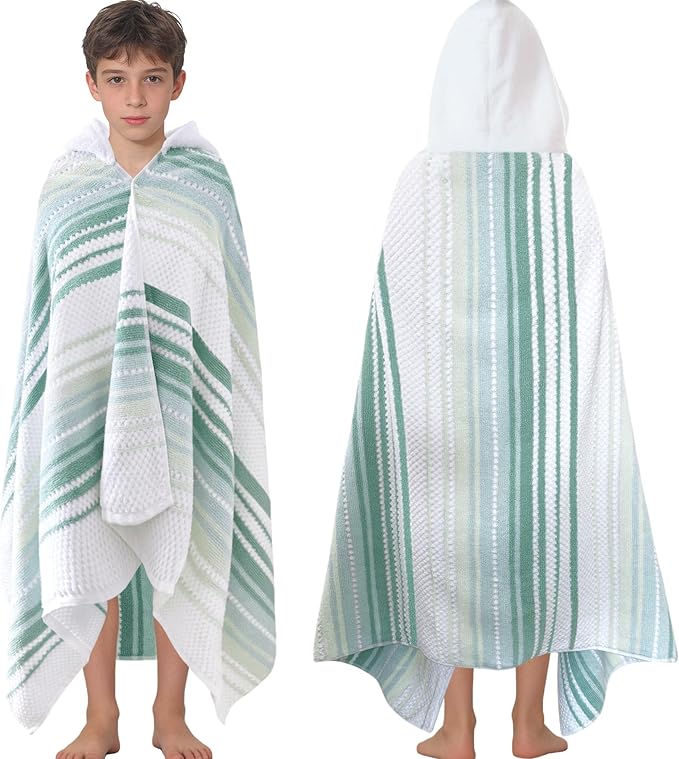Hooded Bath Towel for Teens (8-14 Years,64"X33") | Soft Fluffy Quick Dry Absorbent 100%Cotton Thick Towel Wrap for Big Kids | Versatile Beach, Pool, Swim & Bath Cover-Up | Light Green Vertical Stripe