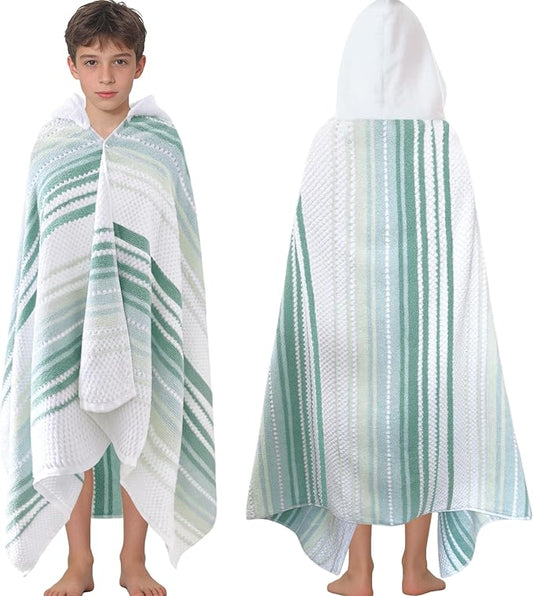 Hooded Bath Towel for Teens (8-14 Years,64"X33") | Soft Fluffy Quick Dry Absorbent 100%Cotton Thick Towel Wrap for Big Kids | Versatile Beach, Pool, Swim & Bath Cover-Up | Light Green Vertical Stripe