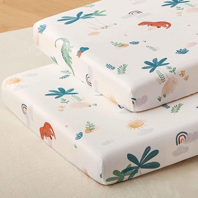 SDY Jersey Dinosaur Crib Sheets for Baby Boys and Girls,52”x28”x8, 2 Pack, Cute Kawaii Standard Oval/Retangle Fitted Crib Sheets for Toddler,Super Soft Breathable