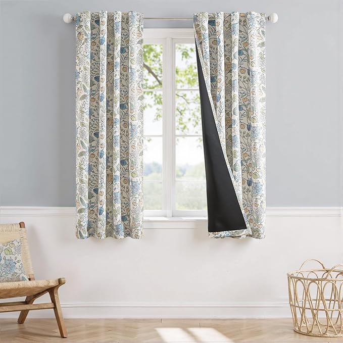 Vangao Blue Nursery Curtains for Girls Room Easter Floral 100% Blackout Curtains 63 Inch Length Farmhouse Drapes for Bedroom Room Darkening Flower Patterned Window Treatment for Kids Set of 2