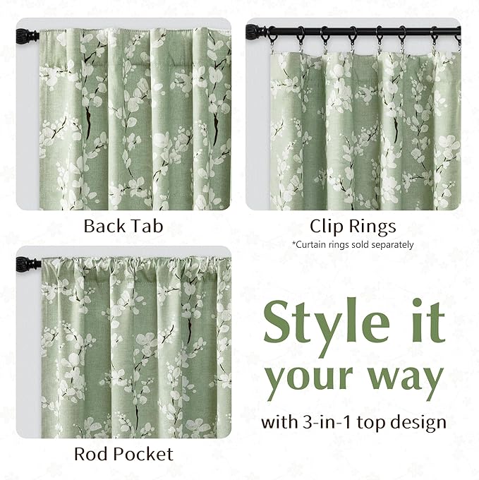 FMFUNCTEX 100% Blackout Floral Curtains for Bedroom, Sage Green Curtains 63 inch Length Blossom Patterned for Living Room, Thermal Insulated Farmhouse Drapes, Rod Pocket 2 Panels (White on Green)