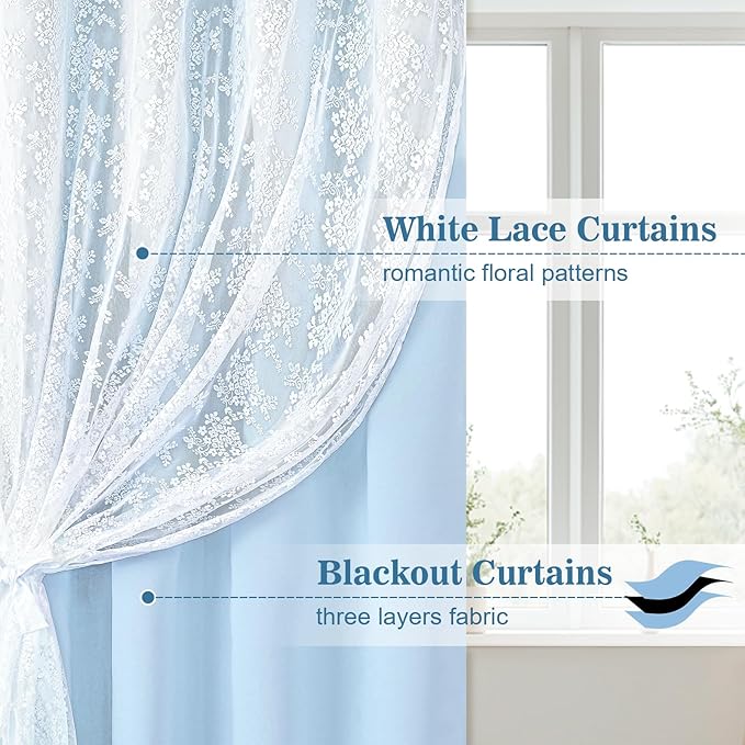 Yinhua Double Layer Blackout Curtains for Bedroom Blue Curtains for Living Room 84 Inch Length 2 Panels Set Kid Curtain with Tiebacks, Grommet Drapes with Floral Sheer Overlay, 52" W x 63" L