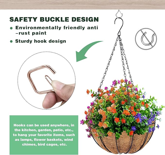 80 Pcs Outdoor Hooks for String Lights,Screw Hooks for Hanging Plants,Ceiling Hooks with Safety Buckle,Square Hanger for Wind Chimes,Bird Feeder,Lanterns,Christmas Decorations Rose Gold