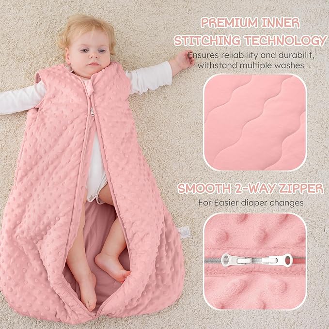 FILLEEP Fleece Baby Sleep Sack 18-24 Months with Plush Dots, Winter Baby Wearable Blanket for Infant Toddler Sleeping Sack 2-Way Zipper Warm Sleepsack, Pink
