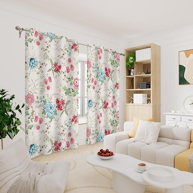 Renaiss Boho Flower Blackout Curtains Wild Blue Pink Floral Thermal Insulated Window Drapes for Bedroom 29W x 45L inches 2 Panel Set Beige Window Curtain Panels for Kitchen