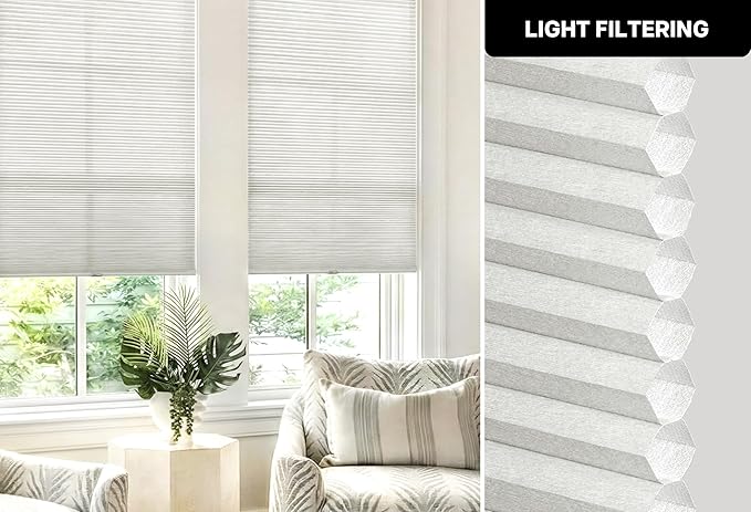 LazBlinds Cordless Cellular Shades, No Tools No Drill Light Filtering Honeycomb Shades Pleated Blinds for Windows, 28'' W x 48'' H, Light Grey