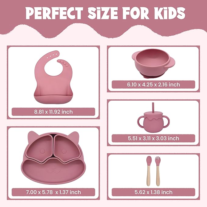 Baby Feeding Essentials, Baby Led Weaning Supplies, Silicone Baby Feeding Set, with Baby Spoon, Fork, Baby Bib, Sippy Cup, Suction Plate, Suction Bowl, Baby Eating Essentials, 6+ Months (Dark Pink)