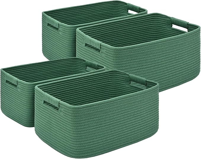 4 Pack Large Storage Basket for Organizing, 17.5"x13.5"x7.5" Woven Basket for Shelves, Closet Cube Storage Bins with Wrapped Handle, Cotton Rope Baskets for Kitchen, Clothes, Toys(Green)