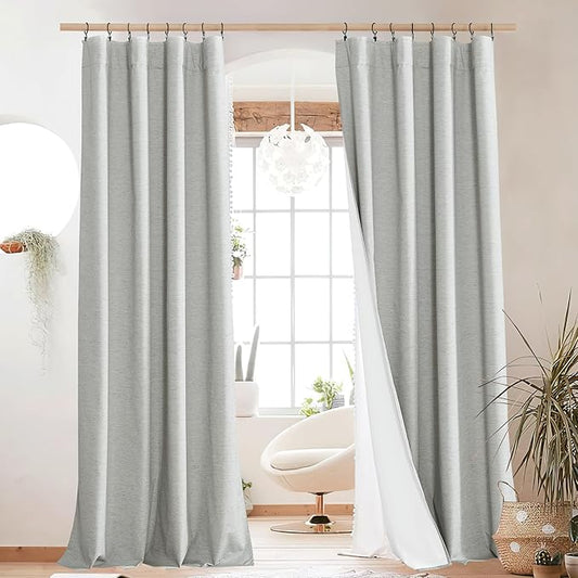 NICETOWN Grey Long Linen Full Shade Panels, Pair of Thermal Insulated & Energy Efficiency Blackout Curtains for Living Room Windows, Lined Silky Performance Window Dressing (52" Wide x 95" Long)