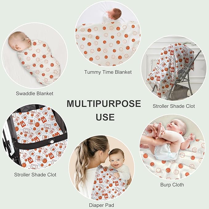 70% Rayon Made from Bamboo 30% Cotton Muslin Swaddle Blanket, 47 x 47 Inches, Basketball Print Baby Receiving Blanket, Soft and Breathable, Unisex, 2 Pack