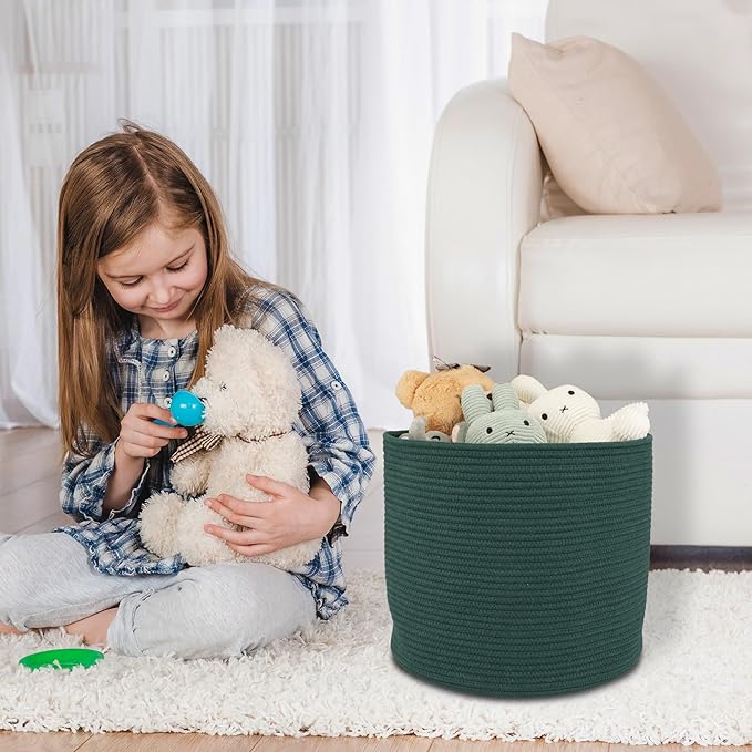 Cotton Rope Basket For Girls Boys Kids 16”X14” Baby Laundry Basket Nursery Bin Round Woven Baskets Organizer For Storage Toys Blankets Shoes Clothes dark green