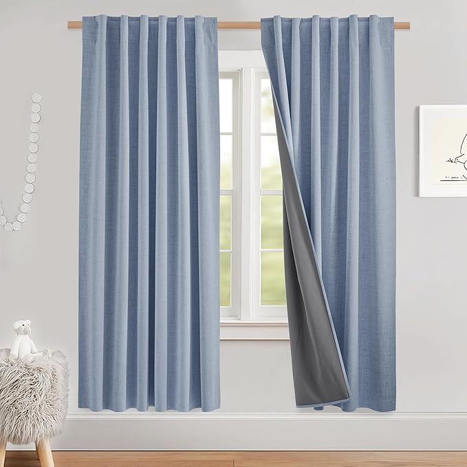 NICETOWN 100% Blackout Linen Curtains for Bedroom, Thick Insulated Rod Pocket & Back Tab Full Light Blocking Draperies with Gray Liner for Night Shift Workers (Set of 2, 52 by 78-inch, Stone Blue)