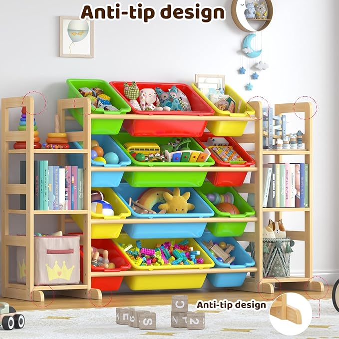 Large Toy Storage Organizer Kids Toy Organizer and Bookshelf Combo with 12 Bins and 6 Shelves Toy Organization Box Toy Shelf for Playroom, Bedroom, Nursery