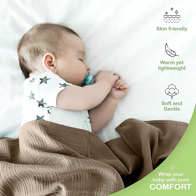 100% Organic Cotton Muslin Baby Blanket - 47 x 47 Inch Breathable Baby Girl Swaddle Blanket, Hypoallergenic Double-Layer, Soft and Cozy Baby Blankets for Sleeping & Everyday Use (Olive/Ivory)