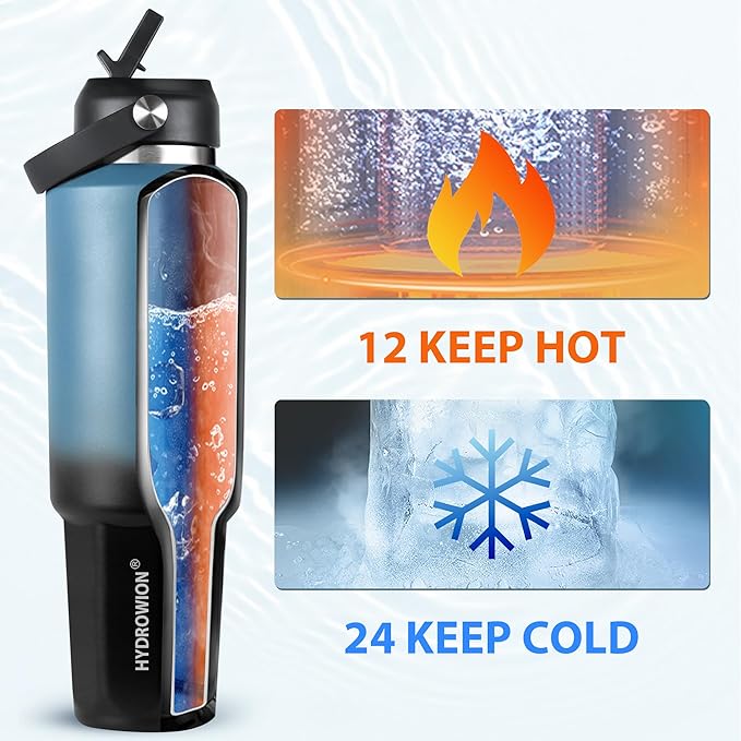 HYDROWION 32 oz Insulated Water Bottle, Car Water Bottle Holder - Double Wall Vacuum Insulated Travel Bottle with Straw Lid, Spout Lid and Flex Cap - Cold for 24H, Hot for 12H, Blue - Black