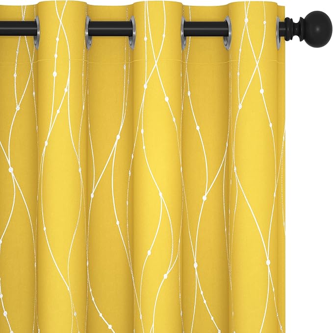 Deconovo Yellow Curtains, Modern Blackout Drapes, Thermal Insulated Soundoroof Pravicy Curtain with Wave Dots Foil, 52 x 84 Inch, Machine Washable Window Panels for Living Room Bedroom Nursery Office