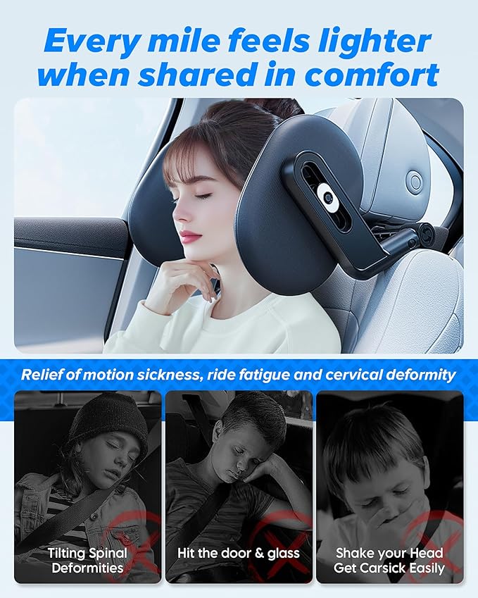 Car Headrest Pillow, 2025 Upgrade 360° Rotating Travel Headrest, 3-Point Linkage Adjustable, Thickened Breathable Memory Foam Headrest, Travel Car Sleeping Pillow for Kids, Adults