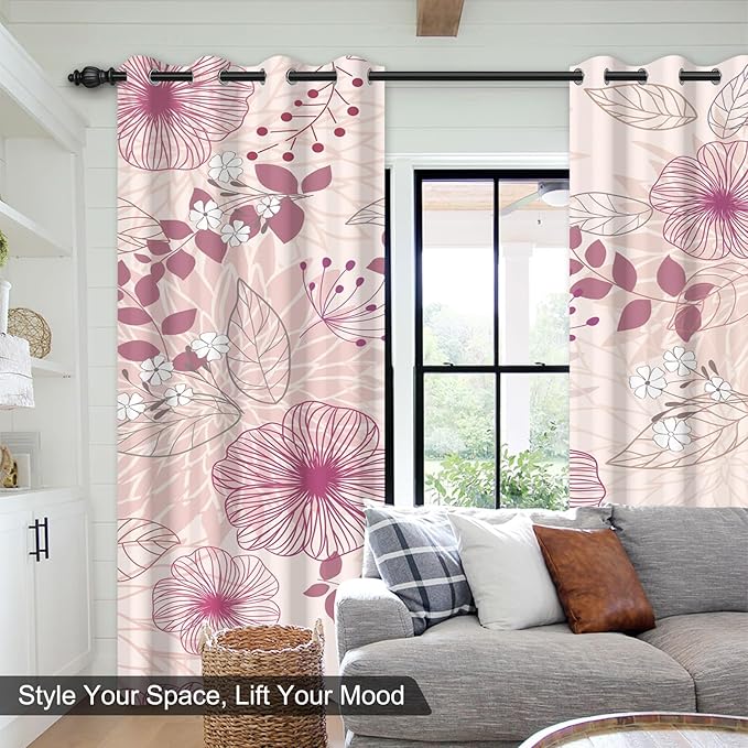 Blackout Curtains for Girls Bedroom, Pink Floral Black Out Curtains for Living Room Nursery 84 Inch Length 2 Panels Set, Room Darkening Grommet Thermal Curtains Farmhouse Soundproof Window Drapes
