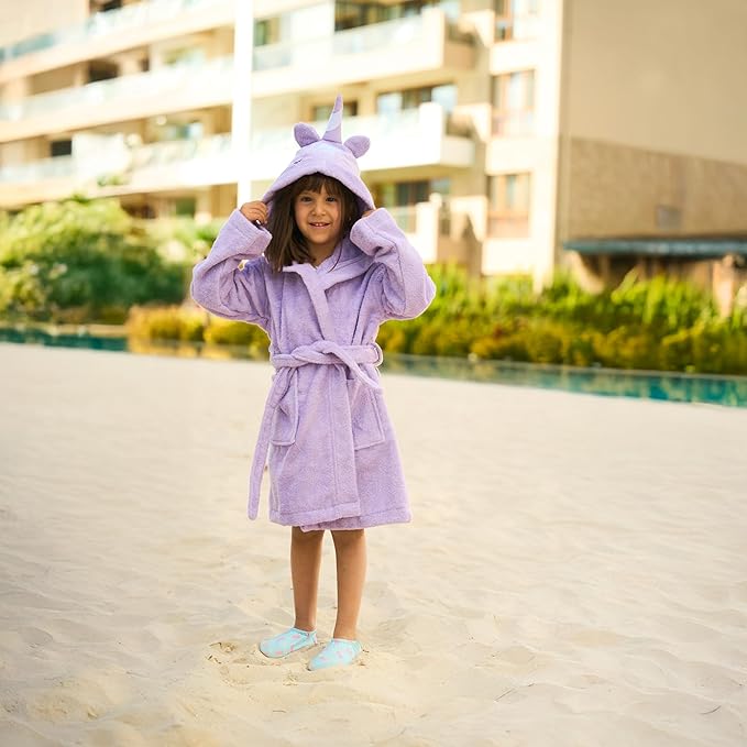 BAGNO MILANO Kids Organic Turkish Cotton Hooded Beach Cover-Up Towel, GOTS Certified, for Boys and Girls (Unicorn Purple, 5-6 Years)