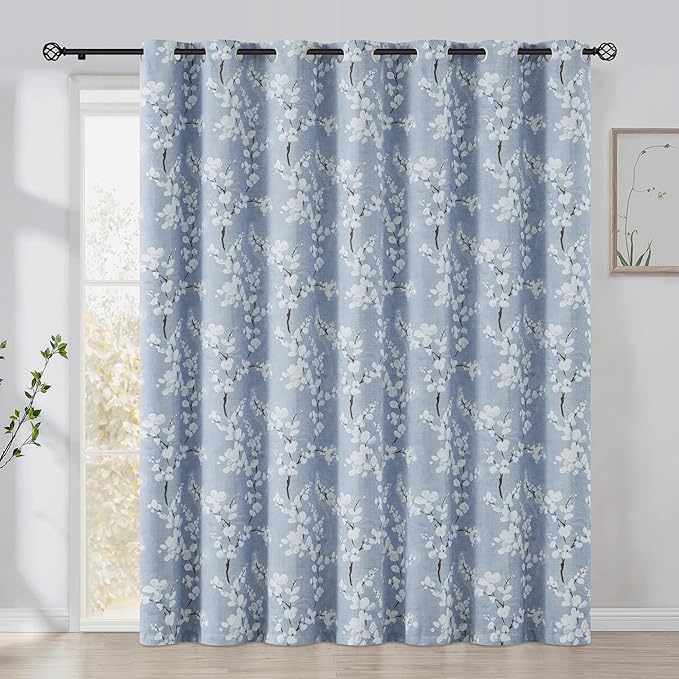 FMFUNCTEX 100% Blackout Sliding Door Curtains for Living Room, Blue Floral Print Extra 100 Wide Window Curtain Panels for Sliding Glass Door, Thermal Insulated 1 Panel Grommet (White on Blue)