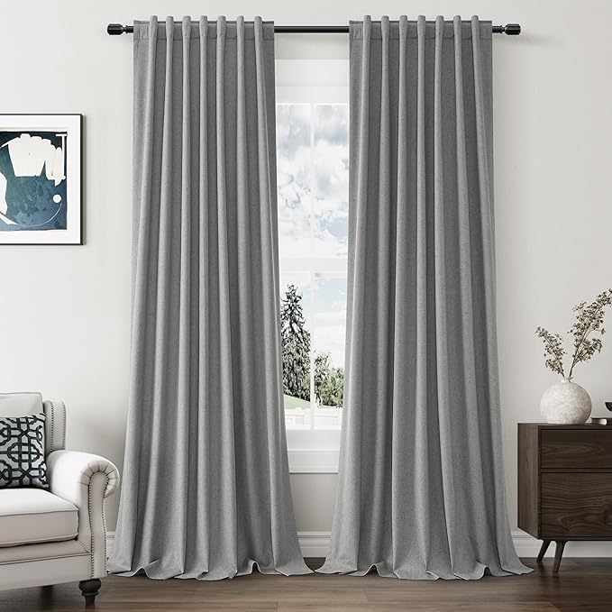 Guken 100% Blackout Linen Curtains 100 Inch Length 2 Panels Set for Living Room Bedroom Back Tab Thermal Insulated Black Out Linen Drapes Room Darkening Window Curtains,Dark Grey