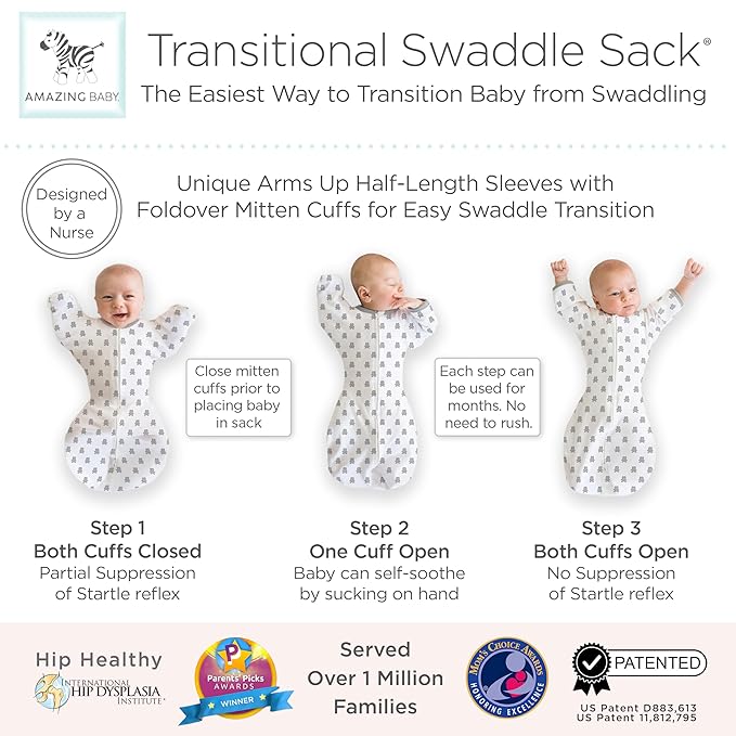 Amazing Baby Transitional Swaddle Sack, Arms Up Half-Length Sleeves & Mitten Cuffs, Swaddle for Newborn Transition to Baby Sleep Sack Wearable Blanket, Large, 6-9 month, 21-24 lb, Sterling Tiny Bear