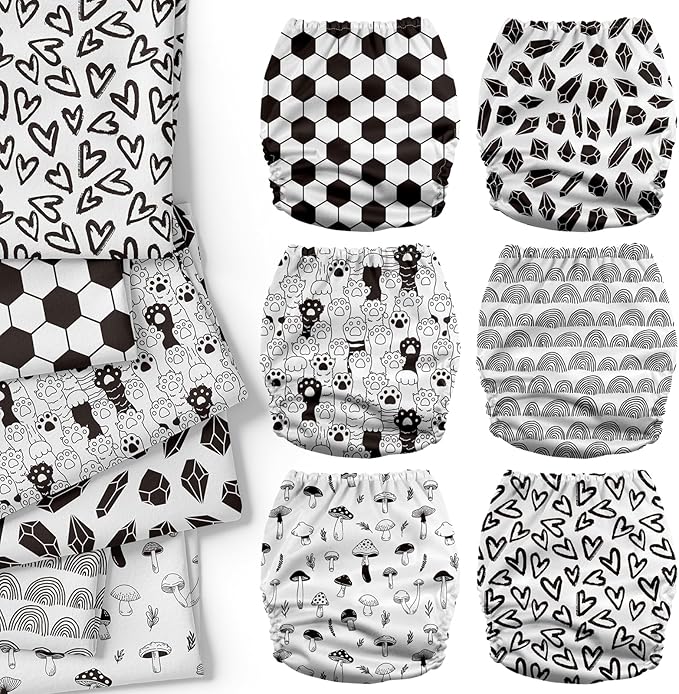 Mama Koala 3.0 Cloth Diapers for Babies with AWJ Lining, 6 Pack with 6 Natural Cloth Diaper Inserts - Reusable and Washable Pocket Diapers (Black & White World)