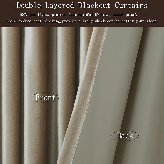 PRIMROSE Full Blackout Champagne Beige Velvet Curtains 102 inch Long for Living Room,2 Panels Liner Rod Pocket Back Tab Thermal Window Curtains Room Darkening Curtain Drapes for Bedroom