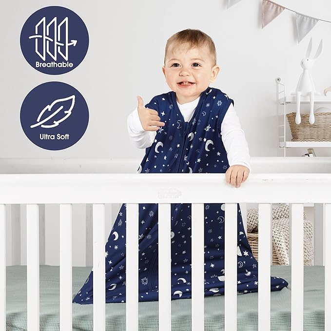 BSTOPPT 3 Pack Baby Sleep Sack 12-18 Months 100% Rayon Cotton Baby Sleeping Bag 2-Way Zipper Toddler Wearable Blankets Comfy Stretchy Lightweight TOG 0.3 （Purple&Clouds&Starry Sky）