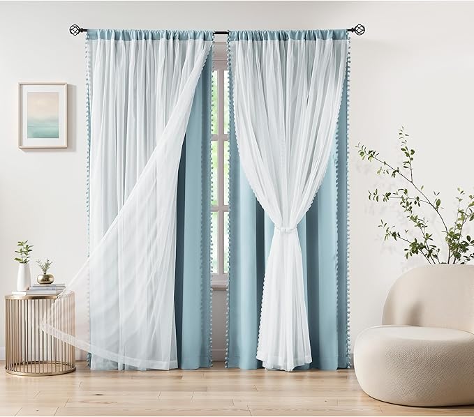 Pom Pom Blackout Curtains with Sheer Overlay for Living Room Bedroom, Kid's Room, Blue Mix and Match Double Layer Window Curtains Rod Pocket Thermal Insulated Curtains with Tiebacks, 2pcs, 52x84, Blue