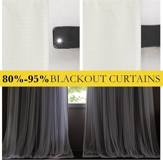 NICETOWN Linen Semi Sheer Curtains for Bedroom, Double Layer Curtains Light Filtering Elegant Grommet Top Curtains & Drapes for Living Room, 52 x 84 Inch Length, Set of 2 Panels, Natural