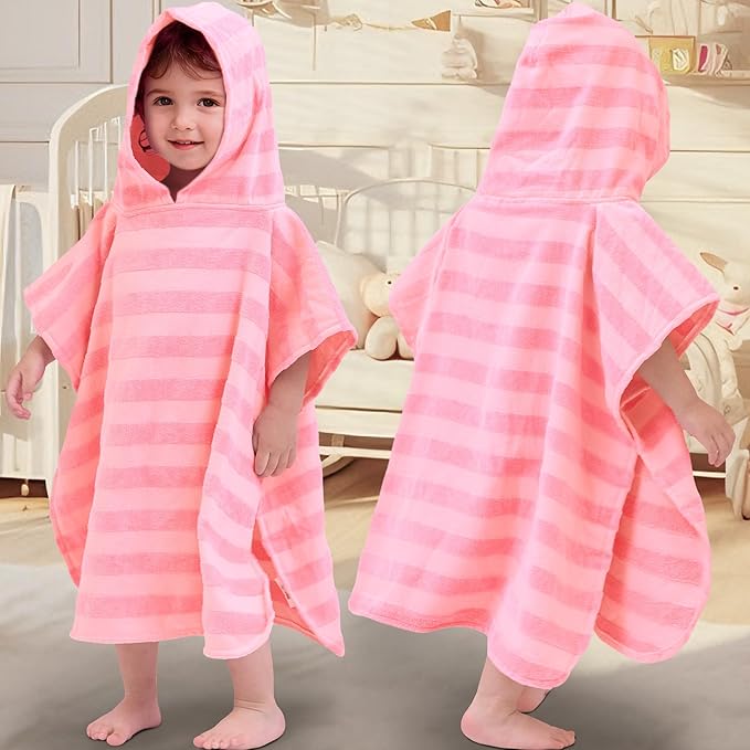 Toddler Bath Towels with Hood, Oversized (2-4Years,22"X22") Made from 100% Soft Cotton,Absorbent Hooded Poncho Towel for Baby Girl,Perfect for Pool | Swimming | Bath | Beach,Jacquard Pink Stripe