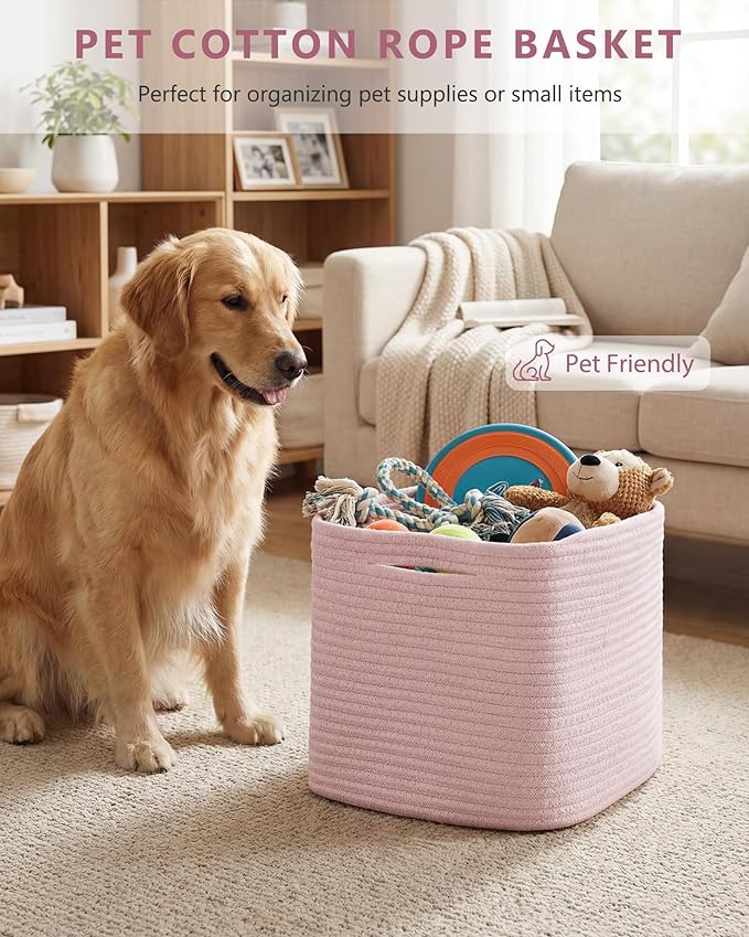 Cube Storage Bin 11" x 10.5" x 10.5" Cotton Rope Basket Square Woven Storage Basket for Shelves, Closet Organizer, Soft Towel Sock Basket, Pink, 1 Pack