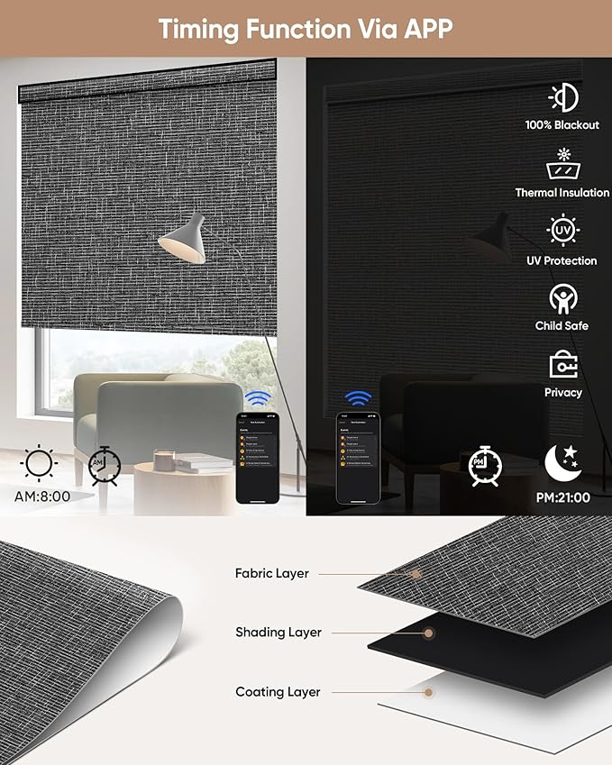 Kincmo Motorized Blinds with Remote,100% Blackout Motorized Roller Shades Work with Apple Homekit,Alexa,Google, Custom Electric Blinds with App,Voice Control (Classic Dark Grey)