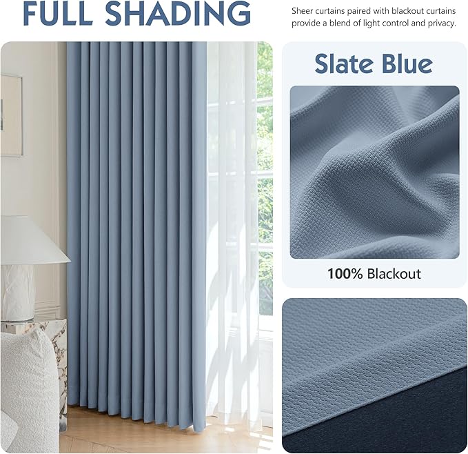 FMFUNCTEX 100% Blackout Curtains for Bedroom, Slate Blue Back Tab Curtain 90 Inches Long Drapery Thermal Insulated Curtains for Living Room, Black Out Drapes Rod Pocket Room Darkening 2 Panels