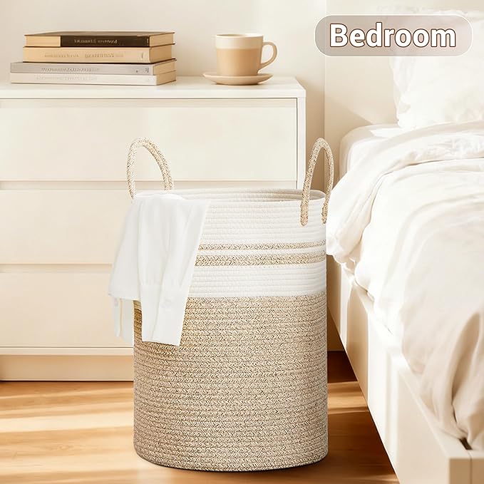 Tall Laundry Basket with Handles, 100L Portable Dirty Clothes Hamper, Boho Cotton Rope Storage Bin for Blankets Kids Toys Gifts, Extra Large Organizer for Nursery Bedroom Bathroom, New Brown