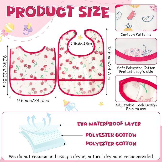 2ooya 6Pcs Baby Bibs for Eating Toddler Feeding Bibs with Crumb Catcher Pocket Fruit Adjustable Sleeveless Teething Plastic Food Bib Set Waterproof Infant Keepsake Gift for Baby Shower, 6-24 Months