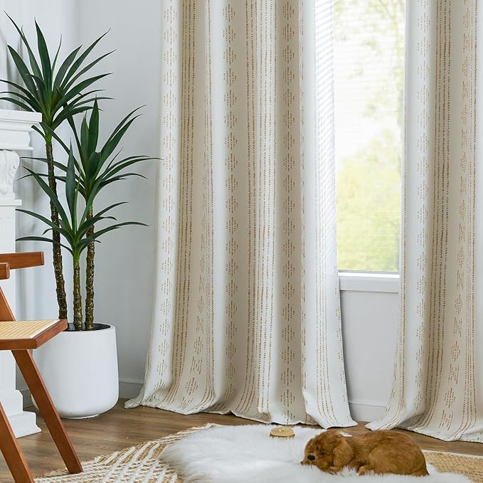 jinchan 95% Blackout Boho Curtain 84 Inches Long for Bedroom 1 Panel Extra Wide Printed Curtain Beige Geometric Grommet Top Thermal Insulated Window Drape Beige