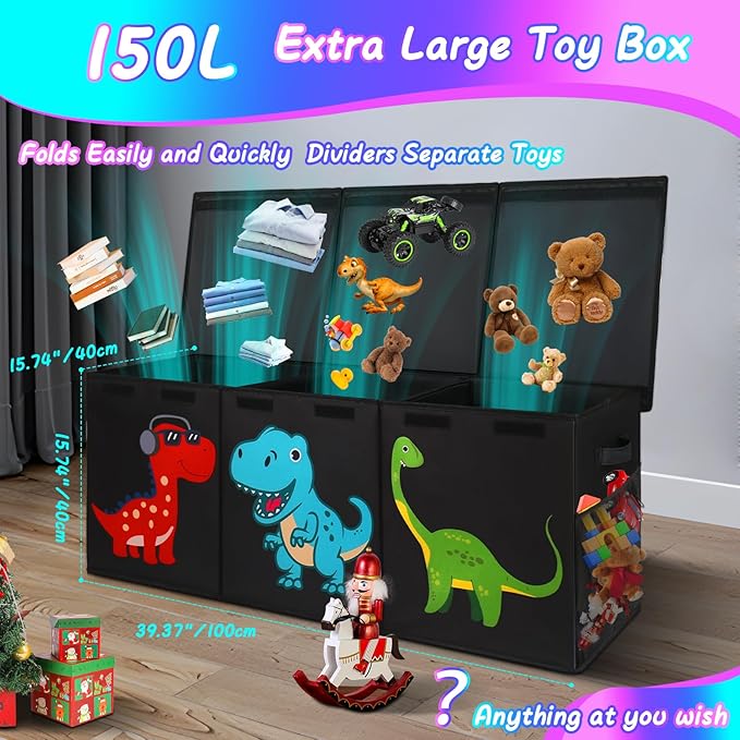 Extra Large Toy Box, Collapsible Sturdy Toy Storage Organizer with Lids, Dinosaur Toy Box for Boys Girls, 40"x16"x16" Kids Toy Chest Bin Baskets for Living Room, Playroom, Bedroom, Nursery, Black