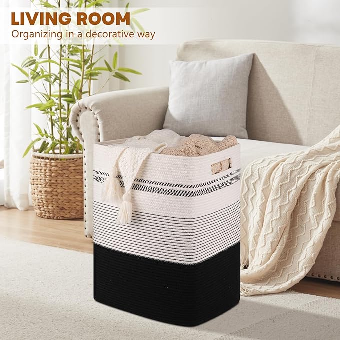 Laundry Basket, Large Woven Rope Tall Laundry Basket with Handles, Decorative Storage Basket for Clothes and Blankets in Living room, Bedroom