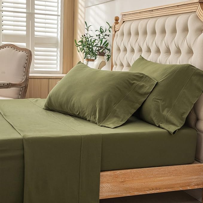 PURE ERA Jersey Knit 3pc Bed Sheet Set 100% T-Shirt Cotton Super Soft Comfy Breathable Fits Mattress Up to 20" Extra Deep Pocket (Solid Olive Green, Twin)