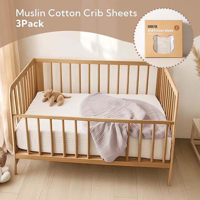 SOULFUL Muslin Crib Sheets for Boys Girls, 3 Pack Soft and Breathable Cotton Fitted Crib Sheets for Standard Crib Mattress (28"x 52", White & Beige & Mist Pink)