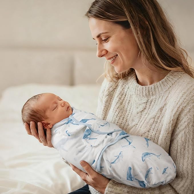 Baby Swaddles for Newborn Organic Cotton,Soft & Snug Newborn Velcro Swaddle 0-3 Months Sleep Sack Helps Calm Startle Reflex, 2-Pack Wrap Nursery Swaddling Blankets Whale